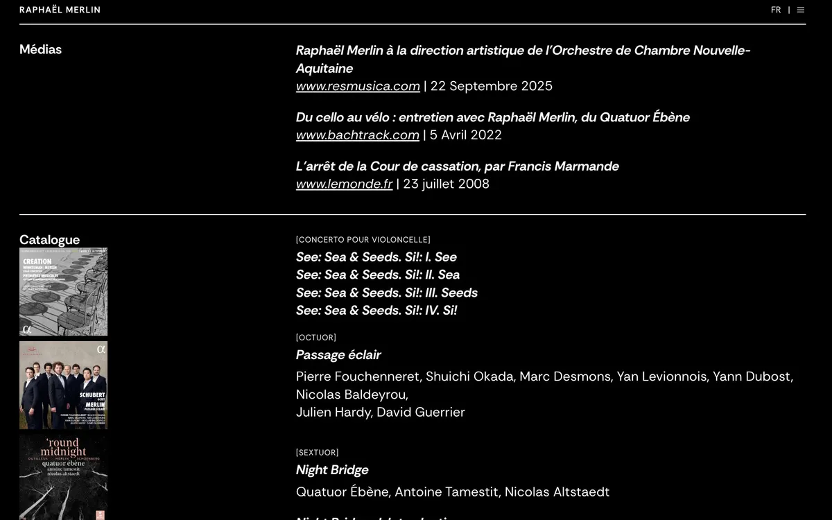 Page Médias du site de Raphaël Merlin : articles de presse et catalogue de disques, en blanc sur fond noir